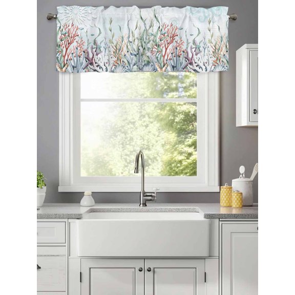 Watercolor Coral Fish Shell on Blue Letter Valances for Windows,Kitchen Valance Rod Pocket Short Curtain,Marine Life Valance Curtain Window Valances for Bedroom Living Room 42x12in