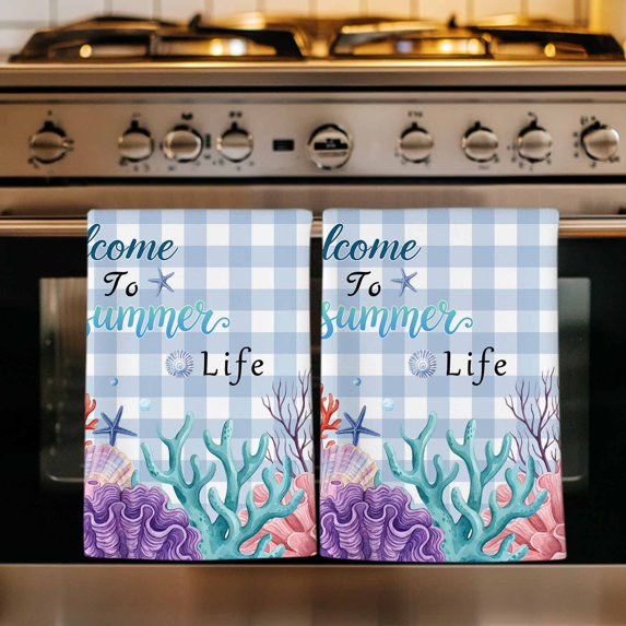 Watercolor Coral Kitchen Towels Set of 1, Summer Ocean Marine Seaweed Shell Blue Plaid Absorbent Dish Towels for Kitchen, Microfiber Hand Towel, Quick Drying Tea Towel for Cleaning Dishcloths