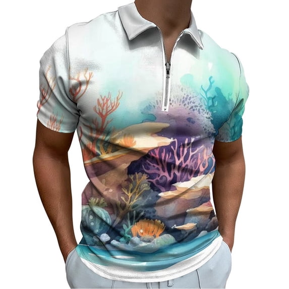 Watercolor Coral Reef (4) Men Zipper T-shirt Summer Casual Short Sleeve T-shirt Top