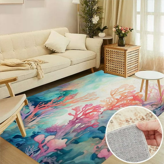 Watercolor Coral Reef Soft Large Area Rugs Washable Rug With Non-Slip Backing Carpet For Living Room Bedroom Kitchen