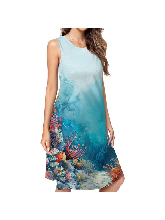 Watercolor Coral Reef Spring Summer Dresses For Women Fashion Dress Casual Sleeveless Loose Sundress With Pockets