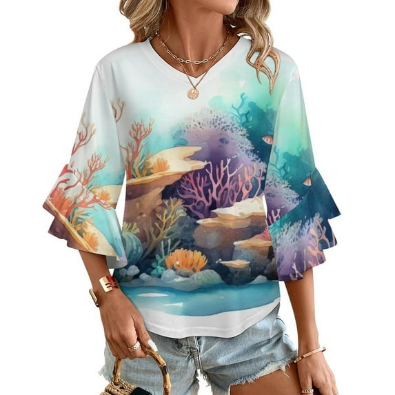 Watercolor Coral Reef Women's V-Neck Blouse With 3/4 Ruffled Bell Sleeves Casual Top Ladies Blouses