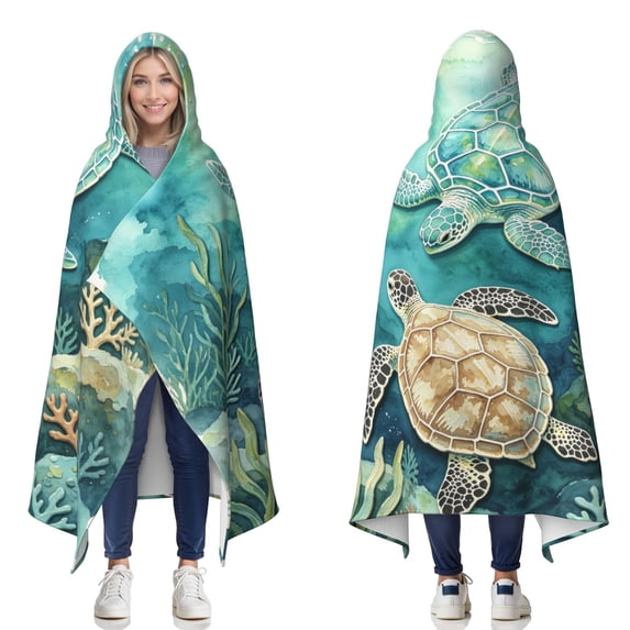 Watercolor Coral Sea Turtle Wearable Blanket Hoodies for Women Men Adults Sea Turtle Lovers Warm Cozy Underwater Ocean Sea Turtles Hooded Blankets for Travel Bed Decor Birthday Gifts 50x60 Inch