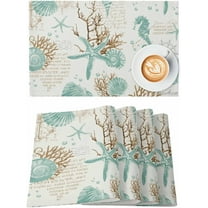 Watercolor Coral Starfish Shell Placemats Set of 4 Washable Table Mats for Kitchen Dining Table, Cotton Linen Place Mats for Indoor Outdoor Parties Holiday Decoration, Teal Ocean Retro
