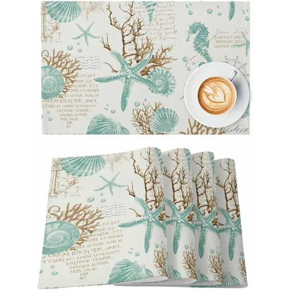 Watercolor Coral Starfish Shell Placemats Set of 6 Washable Table Mats for Kitchen Dining Table, Cotton Linen Place Mats for Indoor Outdoor Parties Holiday Decoration, Teal Ocean Retro