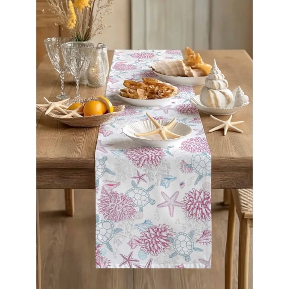 Watercolor Coral Starfish Turtle Table Runner 13x36in Non-Slip Cotton Linen Table Runners, Ocean Creature Theme Dresser Scarves TableRunner for Dinner Kitchen Dining Wedding Party