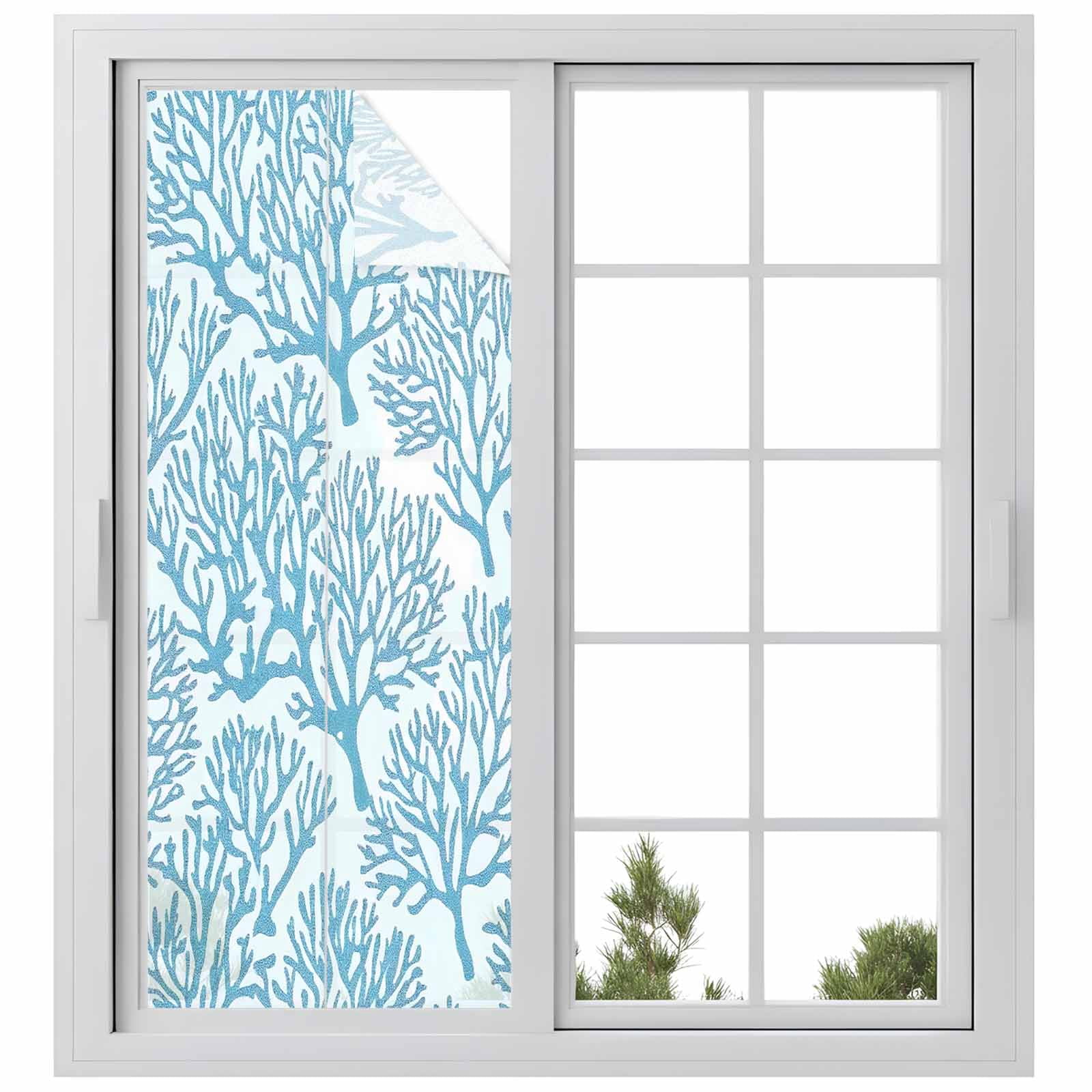 Watercolor Coral Window Privacy Film, Light Blue Coastal Frosted Glass Window Clings Static Cling UV Heat Blocking Reusable Door Sticker for Bathroom 23.6 x 59 Inch