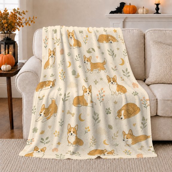 Watercolor Corgi Dog Pattern Paws Moons, Playful Pet Portrait Pattern, Warm Flannel Blanket for Living Room and Bedroom, Dog Lovers Just Because Gift, Pet Lover Home Decor