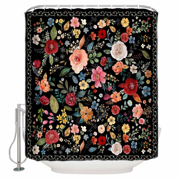 Watercolor Country Flowers Shower Curtain for Bathroom, Red Pink Floral Art on Black Waterproof Shower Curtains Washable Quick Dry with Hooks Bathtub Curtains 72x72 IN