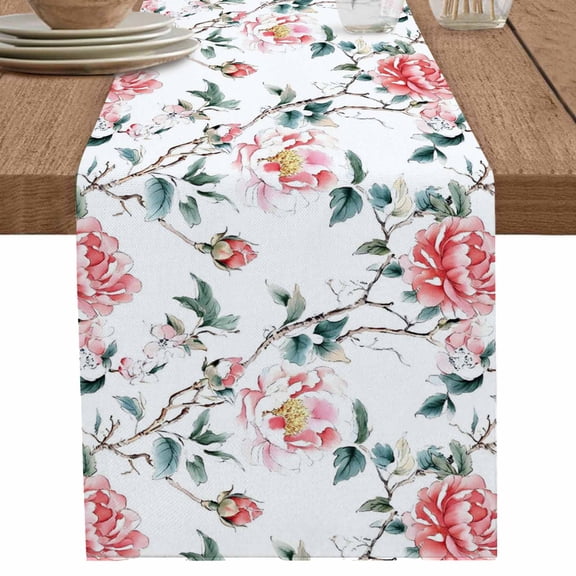 Watercolor Country Pink Flower Table Runner-36 Inch Long Summer Green Leaves Table Runners Linen Burlap Tablerunner for Kitchen Dining Room Holiday Party