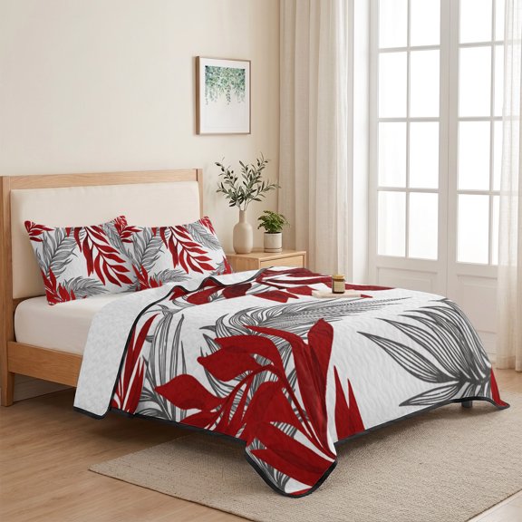 Watercolor Country Willow Leaf 3 Pieces Quilt Set,1 Quilt with 2 Shams,Rustic Red Black Leaves Bedspread Soft Lightweight Bedding Coverlet Comforter Set for All Season 68"x98"