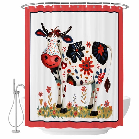 Watercolor Cow Fabric Shower Curtain Wildflowers Leaves Washable Shower Curtains for Bathroom, Waterproof Bath Curtain with Hooks Home Decor 72x84in