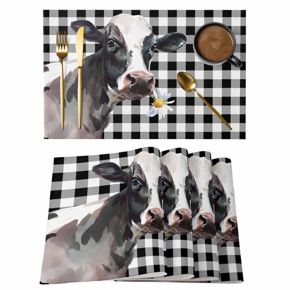 Watercolor Cow Placemats Set of 4, Farm Animal Black Buffalo Plaid Placemats for Dining Table, Place Mats for Kitchen Tabletop, Waterproof Wipeable Dining Table Mats Set