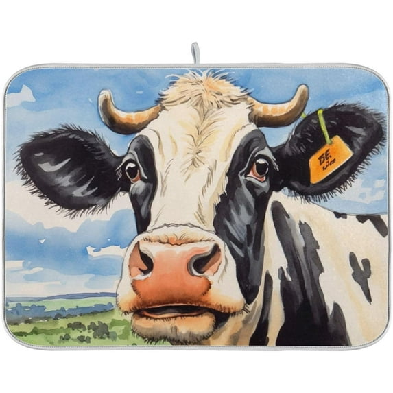 Watercolor Cow Portrait Dish Drying Mat, Absorbent Microfiber Pad Protector For Kitchen Counter Top Mat Dish Drainboard 16x18in Home Decor