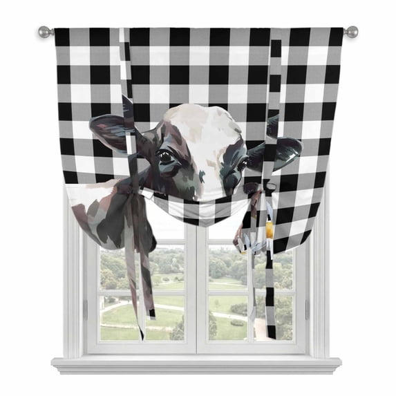 Watercolor Cow Tie Up Curtains 45 Inches Long, Kitchen Window Curtains Over Sink, Farm Animal Black Buffalo Plaid Small Window Curtains Shade Balloon Curtains Valances for Bedroom/Cafe 34"x45"