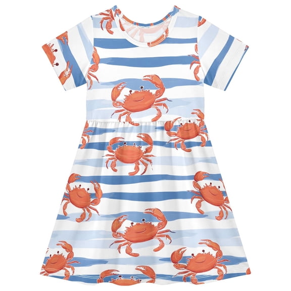 Watercolor Crab Short Sleeve Dress A-Line Cute Midi Casual Sundress 2-8 Years