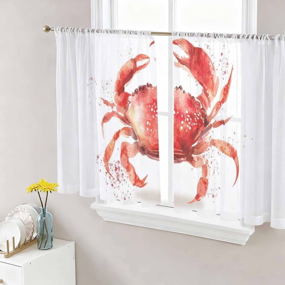 Watercolor Crabs Sheer Curtains 45 Inch Length 2 Panels Set Window Treatments, Ocean Modern Minimalist Animals Printed Rod Pocket Semi Curtains for Living Room/Bedroom/Kitchen Décor, 104"W x 45"L