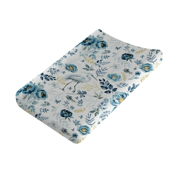 Watercolor Crane Flowers Changing Pad Cover for Baby Girl Boy Bird Blue Floral Leaves Diaper Change Table Sheets Animals Soft Stretchy Fitted Changing Pad Mat Sheets 32"x16"