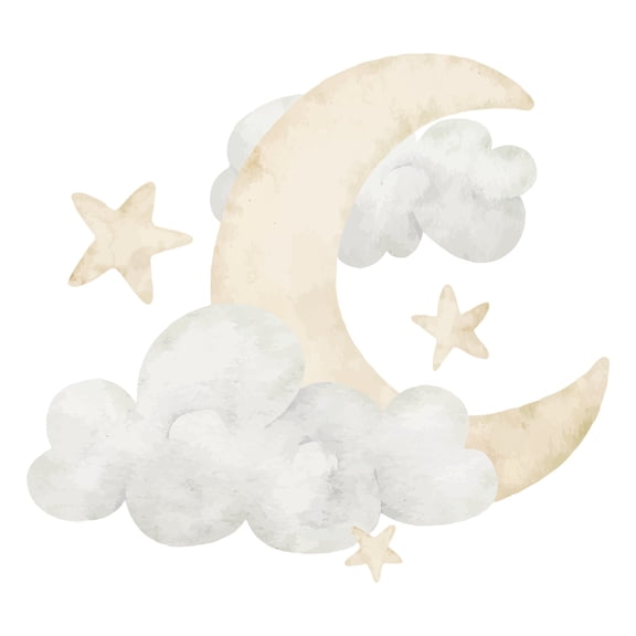 Watercolor Crescent Moon, Clouds & Stars Perfect For Boho, Woodland, Birthday, BaBy Or Bridal Shower Themes Photo Edible Image Cake Topper For Quarter Sheet Cake