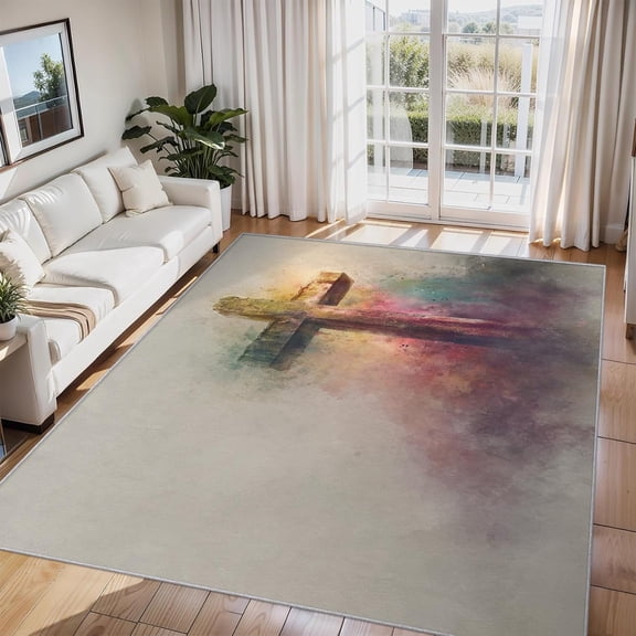 Watercolor Cross Area Rug, Religious Christian Faith Design Indoor Carpet, Washable Non Slip Low Pile Soft Thin Rug for Living Room Bedroom Home Decor Mat 2x3ft