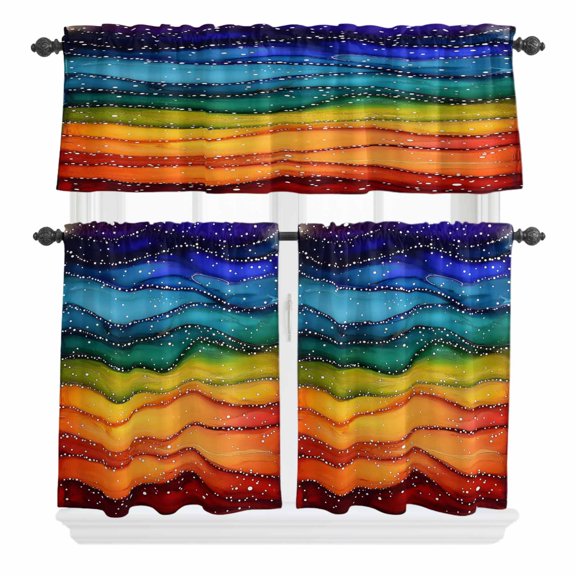 Watercolor Curtain Valances Set Marble Texture Rainbow Wave Beach Kitchen Curtains 24 inch Length Rod Pocket Valance and Tiers 3 Piece Set Small Bedroom Bathroom Laundry Decor