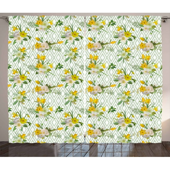 Ambesonne Watercolor Curtains 2 Panel Set, Blooming Floral Nature, 108" x 90", Pale Green Yellow White