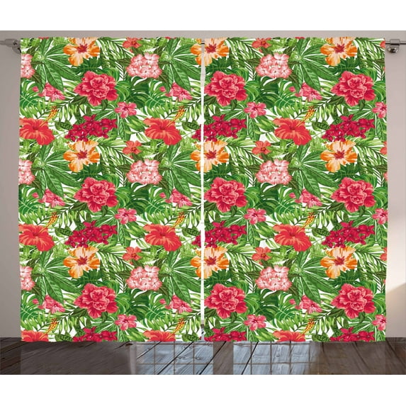 Watercolor Curtains 2 Panels Set, Exotic Flower Arrangement Hawaiian Foliage Plumeria Hibiscus and Palm Leaves, Window Drapes for Living Room Bedroom, 108W X 96L Inches, Multicolor, by Ambesonne