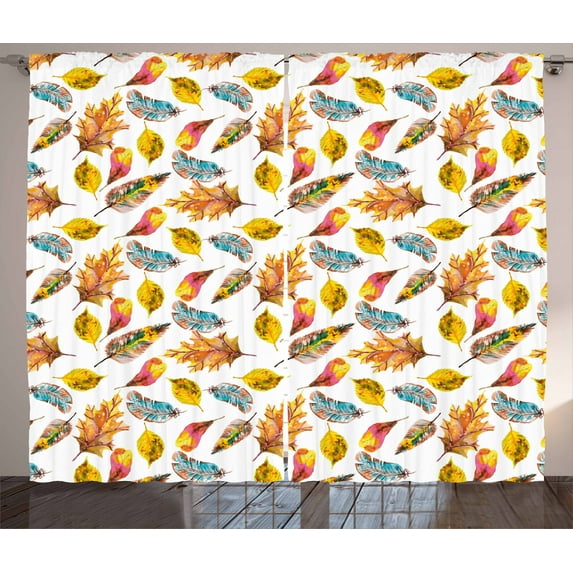 Ambesonne Watercolor Curtains 2 Panel Set, Fal Season Leaves, 108" x 108", Multicolor