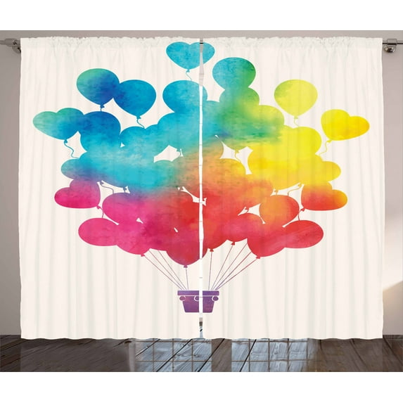 Ambesonne Watercolor Curtains 2 Panel Set, Air Balloon Heart, 108" x 108", Sky Blue Yellow Pink Red
