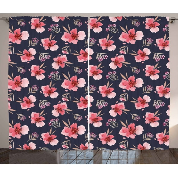 Ambesonne Watercolor Curtains 2 Panel Set, Pink Garden Flora, 108" x 63", Navy Blue Coral