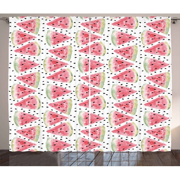 Ambesonne Watercolor Curtains 2 Panel Set, Pieces of Watermelon, 108" x 63", Coral Pale Green Black