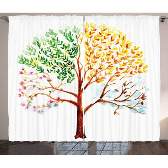 Ambesonne Watercolor Curtains 2 Panel Set, Tree Seasons Nature, 108" x 108", Multicolor