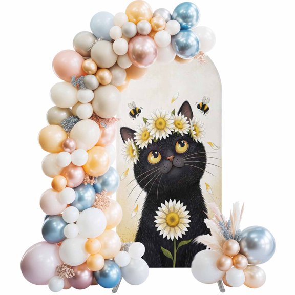 Watercolor Cute Black Cat Arch Backdrop Cover Spandex Fitted Arch Cover 6FT,Arches Backdrop Stand Covers for Wedding Birthday Party Ceremony Banquet Decoration Farm Flowers Daisy Bees