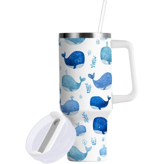 Watercolor Cute Cartoon Whale Tumbler with Handle and Straw Leak Proof Tumbler 2 in 1 Lid Insulated Water Bottle Tumblers Stainless Steel Cup Large Travel Mug Cups, Gifts for Women Man, 40oz
