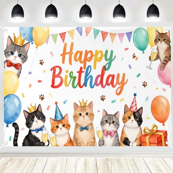 Watercolor Cute Cat Happy Birthday Photography Backdrop, Pet Kitten Balloon Confetti Photo Background for Cat Lover Birthday Party Decor 3x5ft