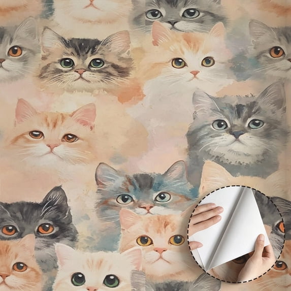 Watercolor Cute Cat Kitten Wallpaper Quirky Funky Self Adhesive Removable Waterproof Peel and Stick Wall Decoration for Bedroom Living Room Dorm Room Kitchen Cabinet Drawer 17.7 * 118 in