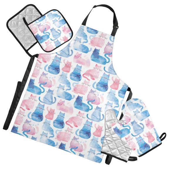 Watercolor Cute Cats 5 Pcs Kitchen Set Heat Resistant Oven Mitts and Non-Slip Pot Holders with Adjustable Cooking Apron