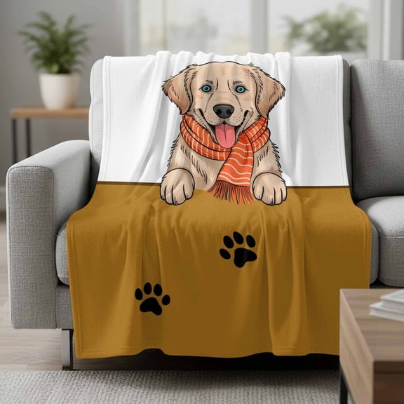 Watercolor Cute Dog Fleece Throw Blanket Paw Print Scarf Pet Brown Theme Ultra Soft Fuzzy Cozy Flannel Throw Blanket for Couch Sofa Bed Car Travel, Ideal Gifts 60x80 Inches