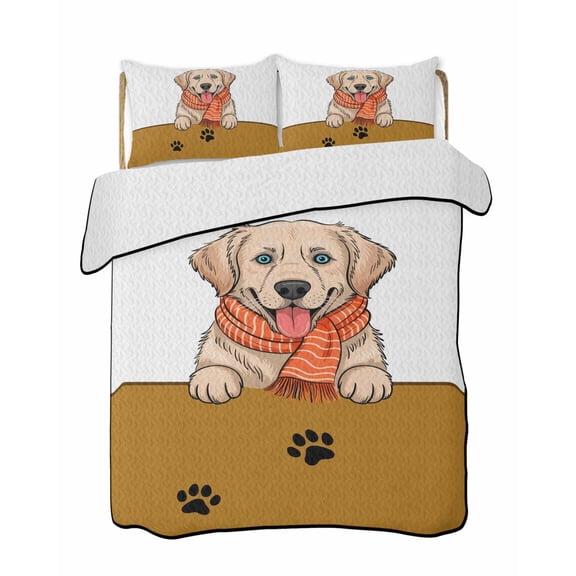 Watercolor Cute Dog Quilts Bedding Set Full Size Paw Print Scarf Pet Brown Theme Lightweight Quilted Bedspread 3 Piece Bed Quilt with 2 Pillow Shams All Season for Bedroom 68" x 98"