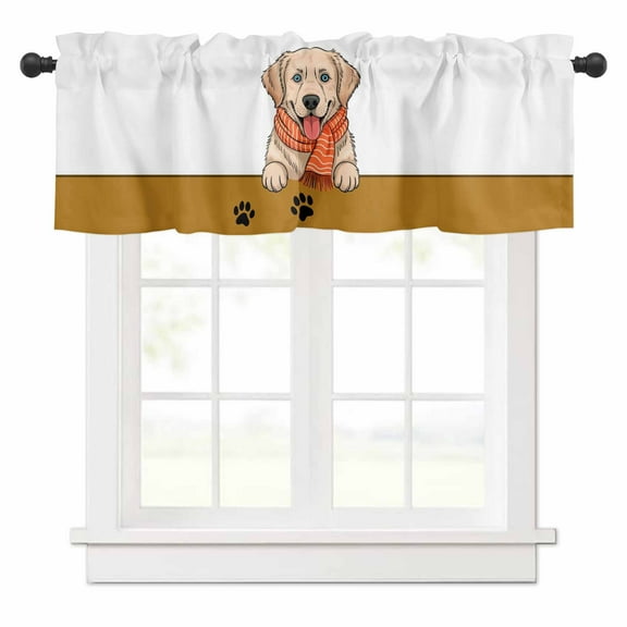 Watercolor Cute Dog Valances for Windows Paw Print Scarf Pet Brown Theme Rod Pocket Curtain Valance Window Treatment Short Curtains for Kitchen Living Room, 58"x16"