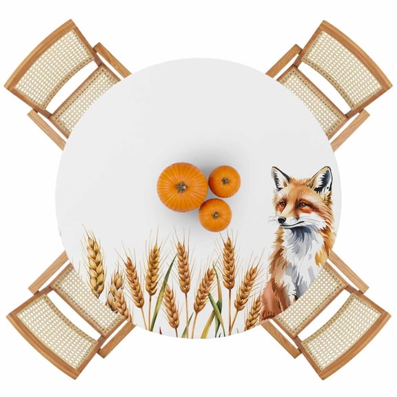 Watercolor Cute Fox Fitted Tablecloth for 36-44in Round Tables,Waterproof Table Cover,Autumn Countryside Farmhouse Elastic Edge Table Cloths for Dining Kitchen Holiday Party Decor