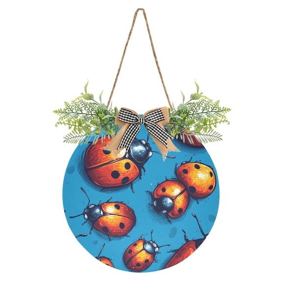 Watercolor Cute Ladybug Front Door Porch Decoration Hanging Sign with Artificial Green Plants and Bow for Home Outdoor Indoor