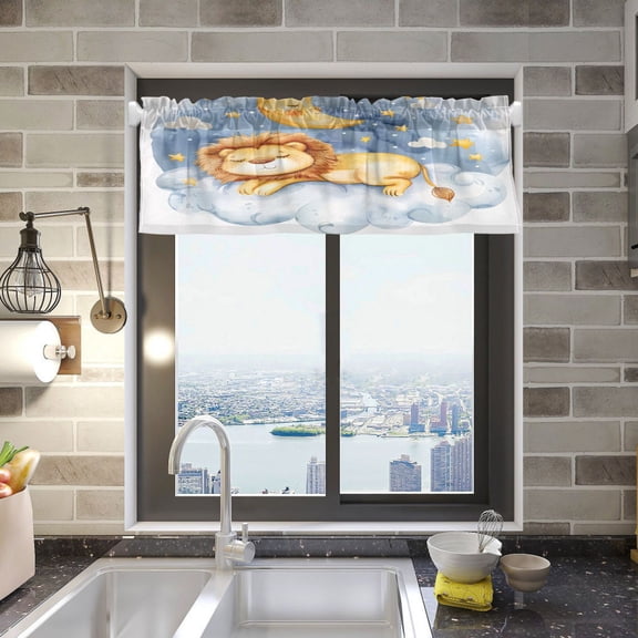 Watercolor Cute Lion Sleeping Valance Curtains Rod Pocket for Kitchen Living Room Windows Farmhouse Decor 54x18