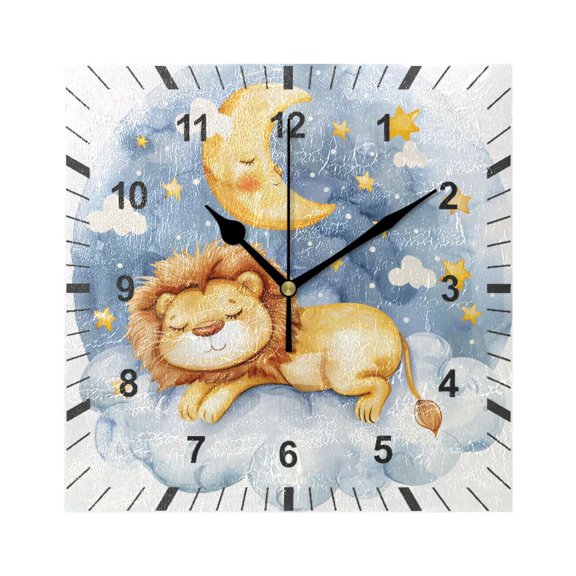 Watercolor Cute Lion Sleeping Wall Clock Battery Operated Silent Non-Ticking Bedroom Office Kitchen Home School Decor 7.8"(Black)