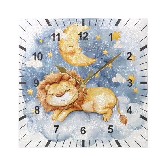 Watercolor Cute Lion Sleeping Wall Clock Battery Operated Silent Non-Ticking Bedroom Office Kitchen Home School Decor 7.8"(Gold)