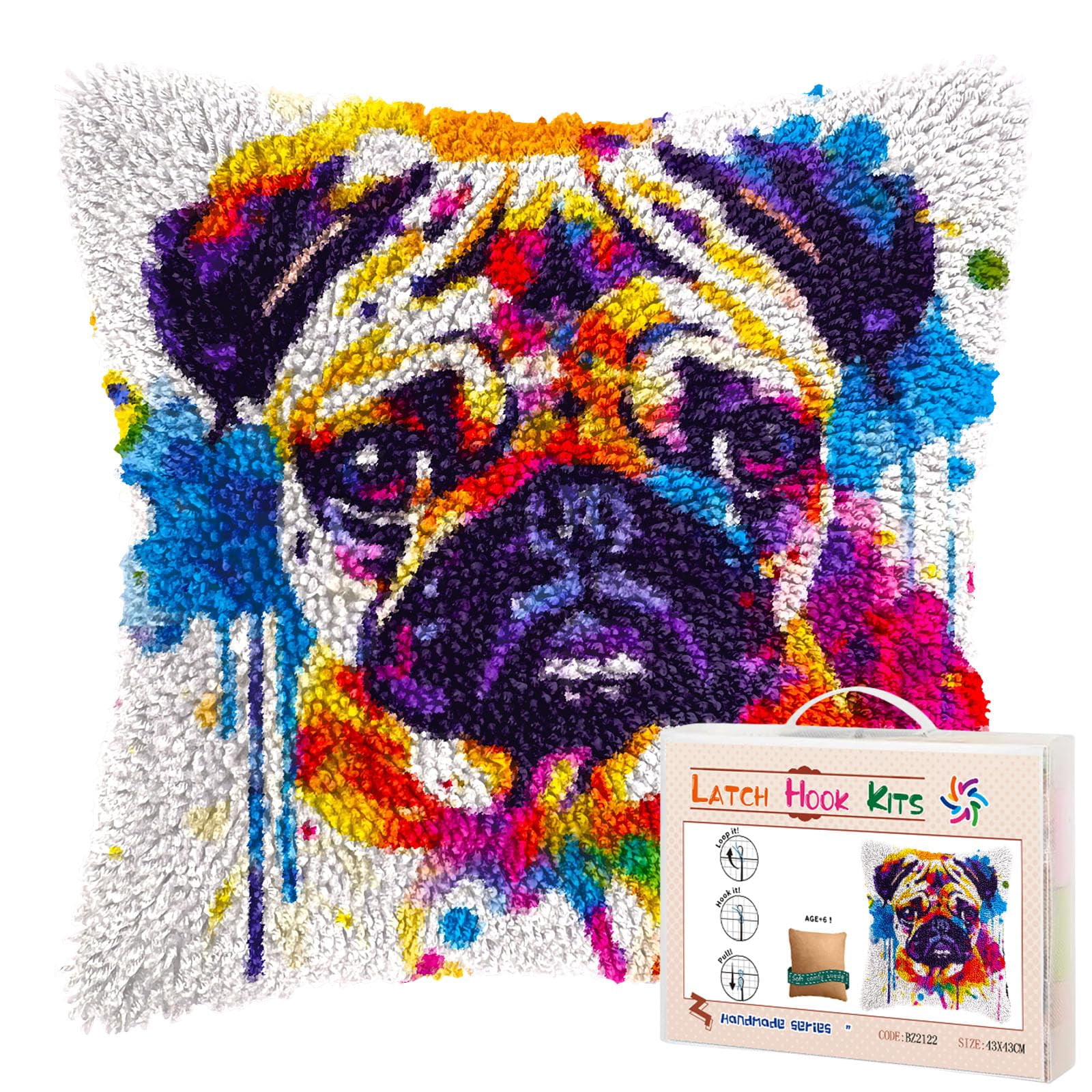 Watercolor Cute Pug Dog DIY Latch Hook Pillow Kits for Adults Printed Pillowcase Crochet Yarns Hooking Handmade Pillow Cover Cushion for Home Sofa Decoration 17x17inch(1)
