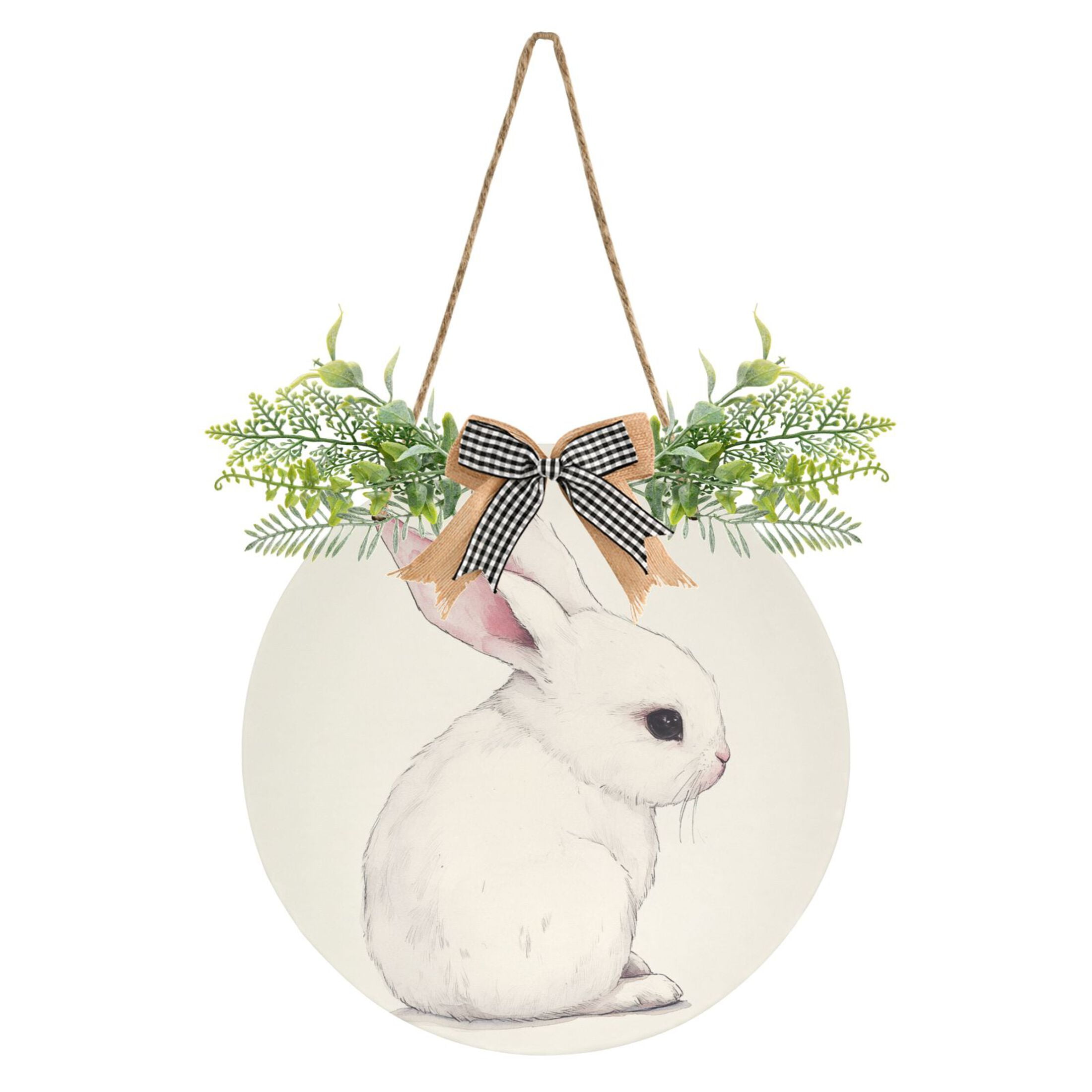 Watercolor Cute White Rabbit Front Door Porch Decoration Hanging Sign ...