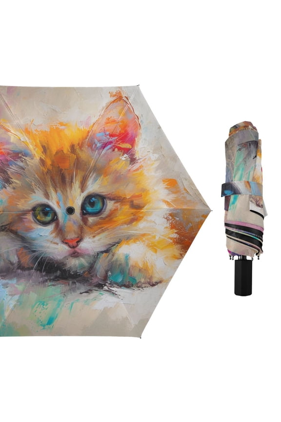 Watercolor Cutie Cat All Weather Umbrella Triple Folding Parasol 6 Ribs UV Protection Portable