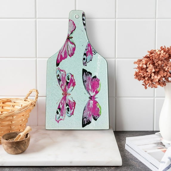 Watercolor Cutting Board, Butterflies Spring Season Nature Wildlife Insects Vintage, Decorative Tempered Glass Cutting and Serving Board, Wine Bottle Shape, Pale Blue Black Pink, by Ambesonne