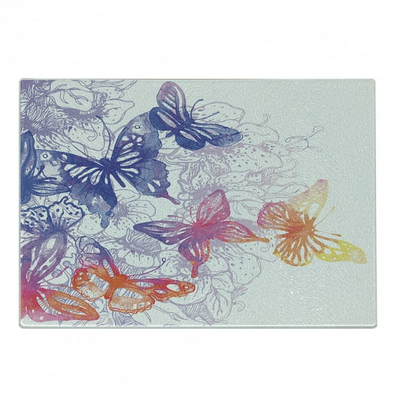 Watercolor Cutting Board, Composition with Flying Butterflies Flourishing Flowers, Decorative Tempered Glass Cutting and Serving Board, Small Size, Violet Blue Orange Pink, by Ambesonne